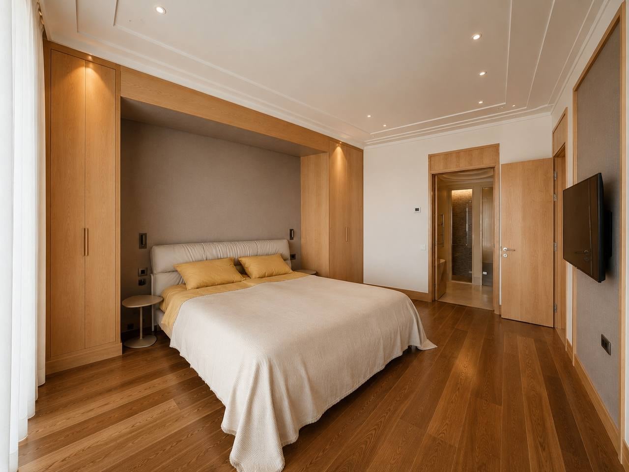 Modern bedroom featuring a double bed, built-in wooden wardrobes, and hardwood floors.