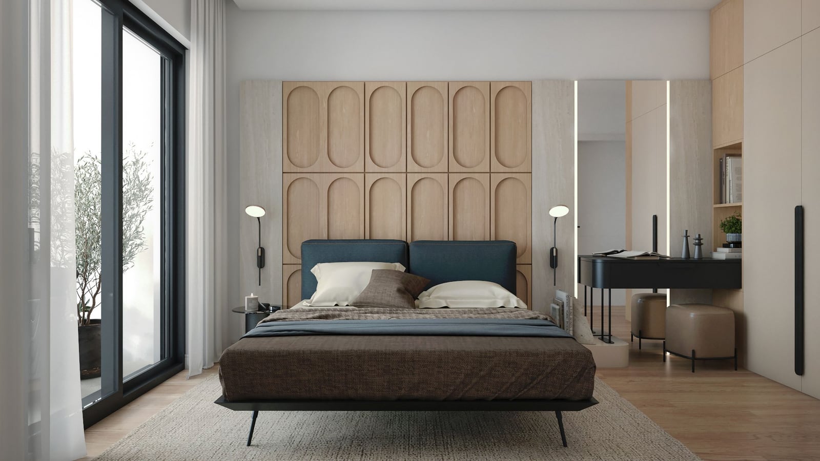 Modern bedroom with designer finishes in Bar, Montenegro: double bed, vanity table, and panoramic windows