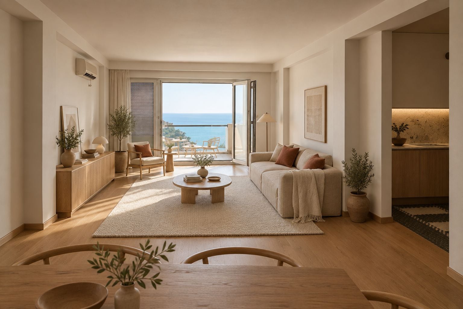 Bright living room with a sofa, wooden table, and balcony door overlooking the ocean.