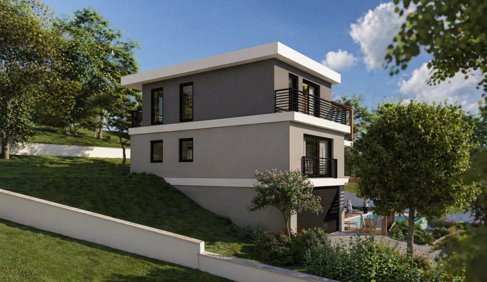 Modern two-story villa with a pool and terrace on a plot in Kotor, Montenegro, exterior view.