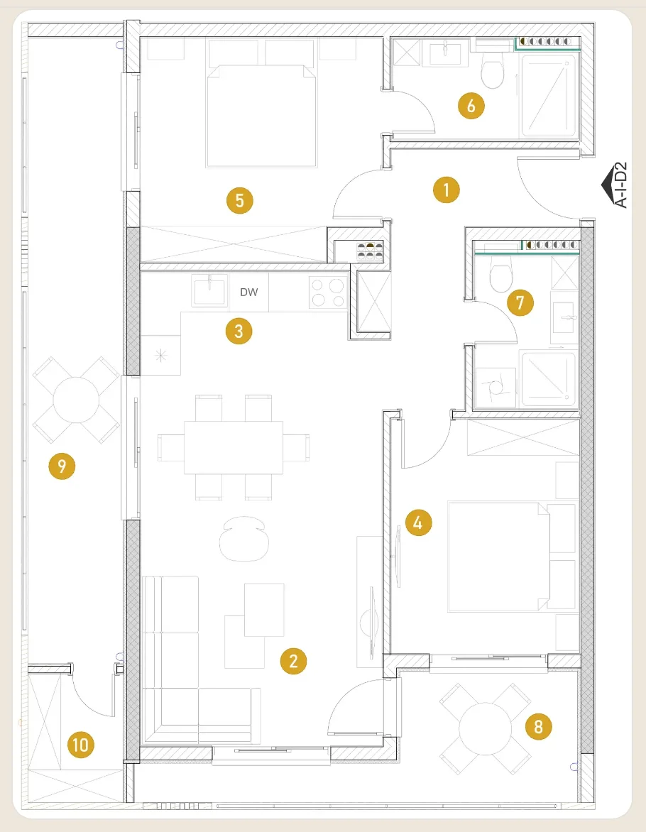 Architectural floor plan of an apartment showing furniture layout, numbered zones, and rooms.