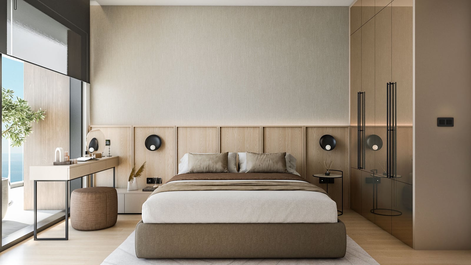 Modern bedroom featuring a large bed, wooden headboard paneling, and built-in wardrobe.