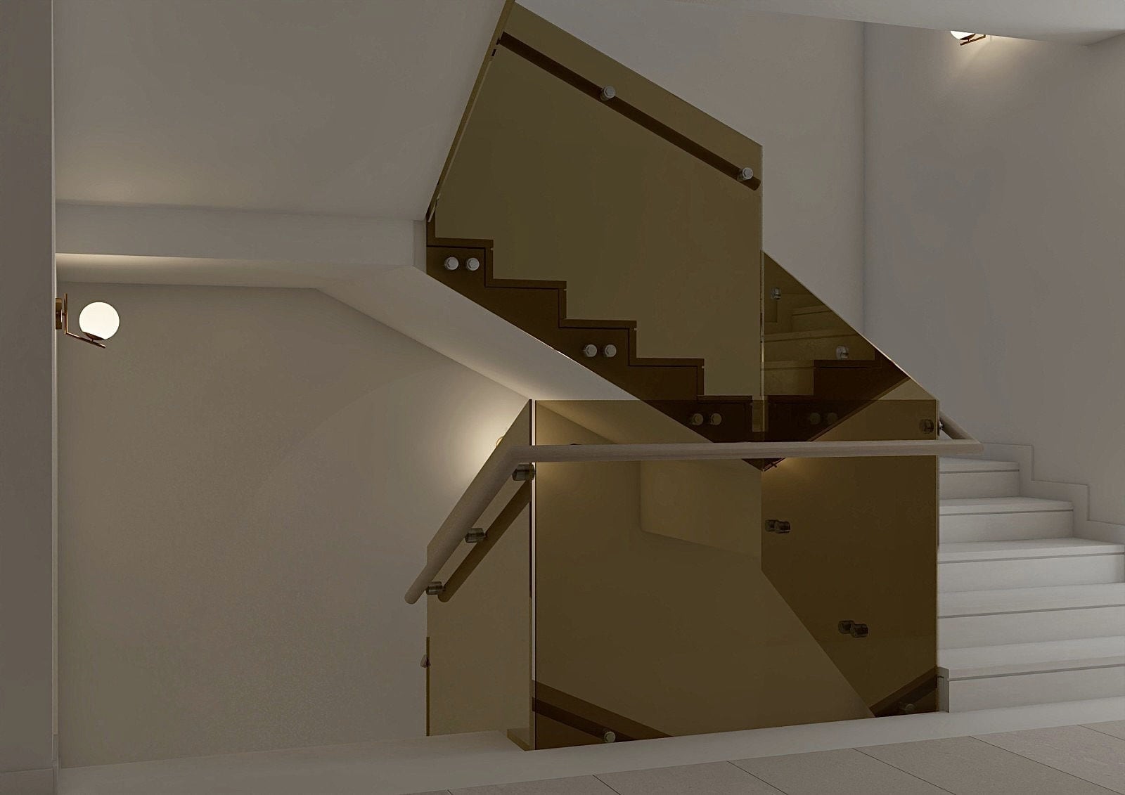 Modern staircase with white steps and bronze-tinted glass balustrade against plain light walls.