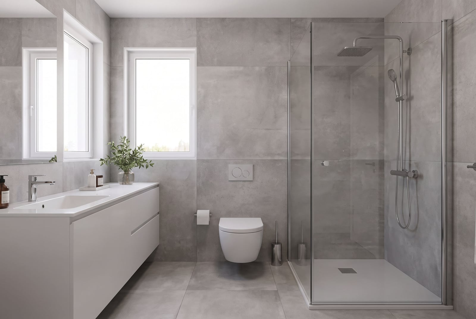 Modern bathroom with grey tiles, a walk-in shower, and white furniture in a residential complex, Bečići, Montenegro.
