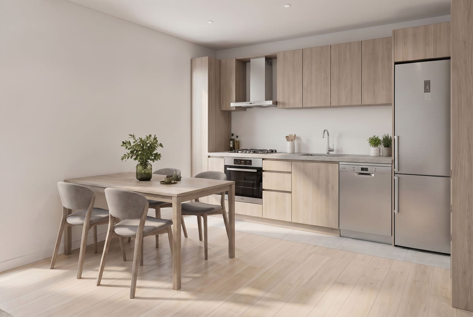 Modern kitchen-dining room in an apartment in Bečići, Montenegro: light wood-style furniture, built-in appliances, and a dining area.