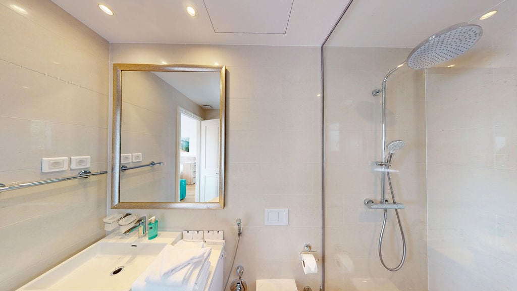Modern bathroom with a shower cabin and mirror in an apartment, Luštica, Montenegro.