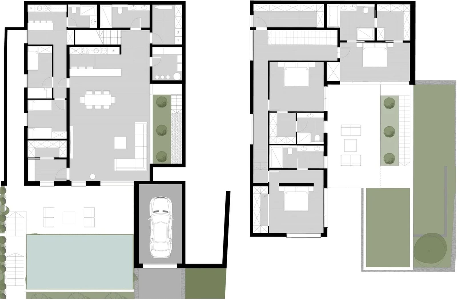 Villa layout in Krašići, Montenegro: two floors, a pool, garage, terrace, and modern space planning.