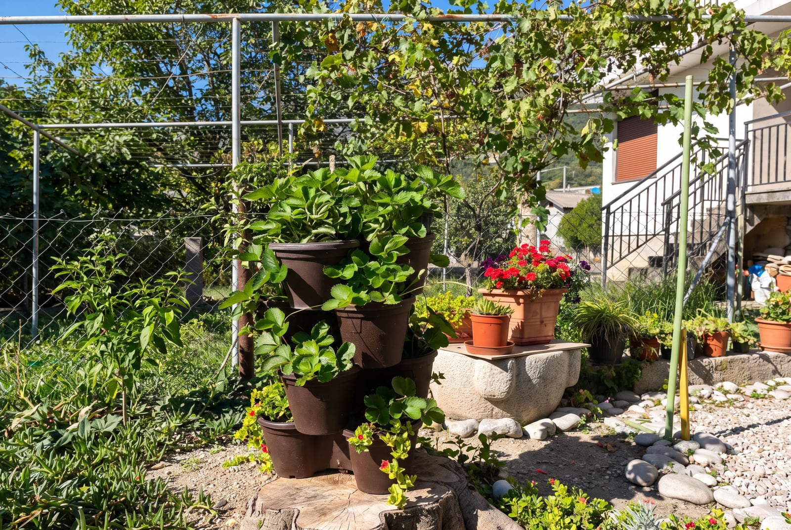 Garden with tiered strawberry pots, grapevine pergola, stone mill base, and wire fencing.
