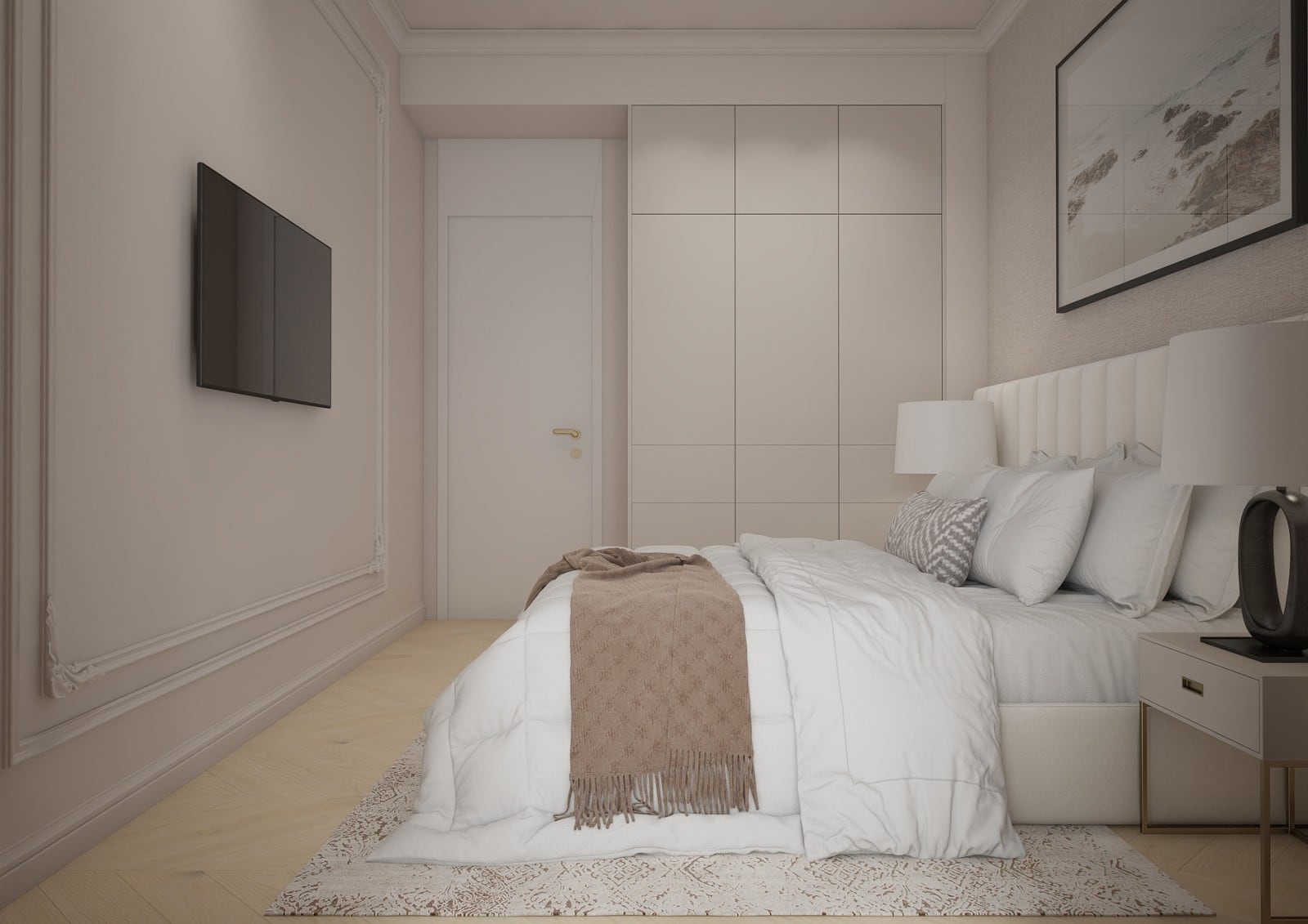 Bright bedroom featuring a large bed with white bedding, wall-mounted TV, built-in wardrobe, and neutral tones.