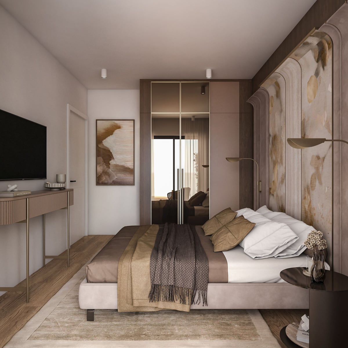 Modern bedroom in Bar, Montenegro: double bed, mirrored wardrobe, designer finishes, and TV area.