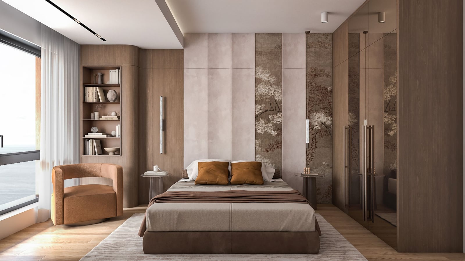 Modern bedroom in ЖК Bar, Montenegro: designer furniture, wood finishes, panoramic window with sea view.