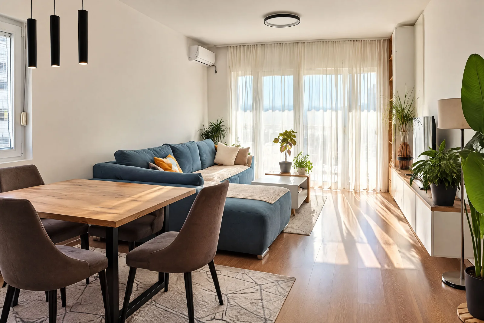 Bright room with a blue sofa, wooden dining table, pendant lights, and a TV unit near large windows.