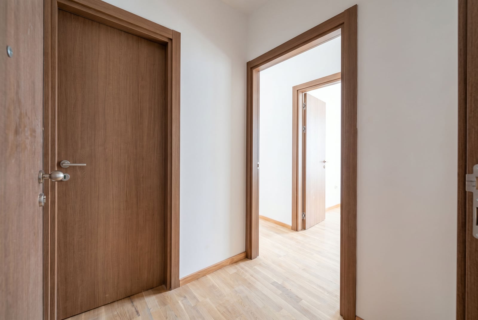 Bright hallway with interior wooden doors in an apartment, Tivat, Montenegro. Modern interior finish.