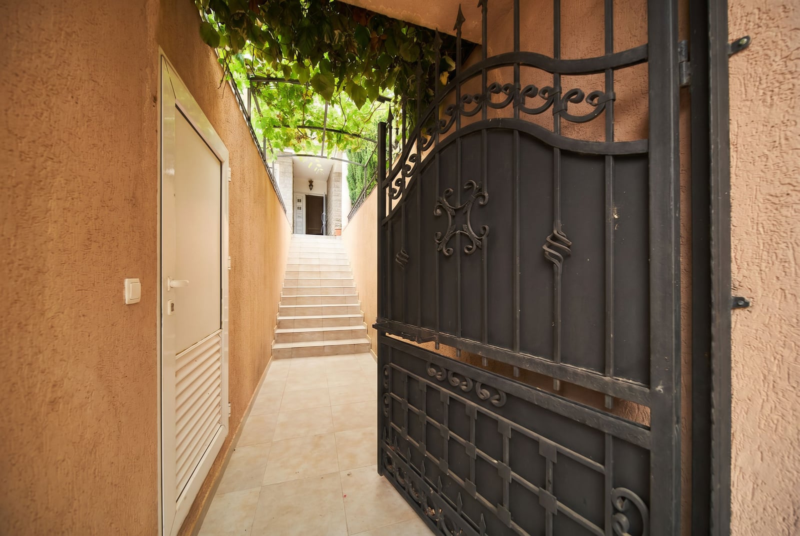 Entrance to a villa in Becici, Montenegro: wrought iron gates, staircase, and a terrace with a grapevine canopy.