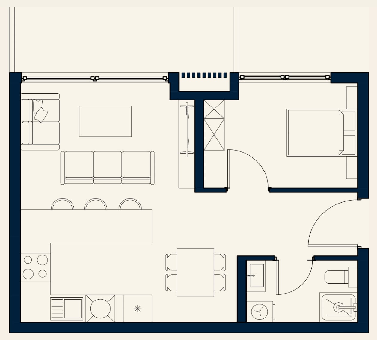 Architectural floor plan showing the layout of furniture, rooms, and fixtures.