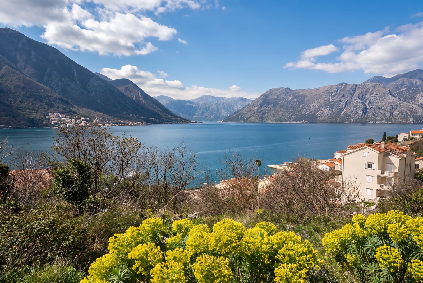 Panoramic view of a blue bay surrounded by mountains, with yellow flowers in the foreground and coastal houses.