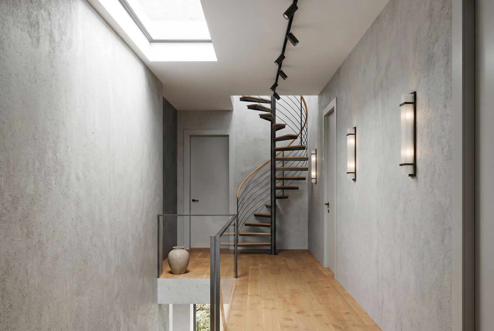 Interior of a villa in Kumbor, Montenegro: spiral staircase, concrete walls, wooden floor, and skylight.