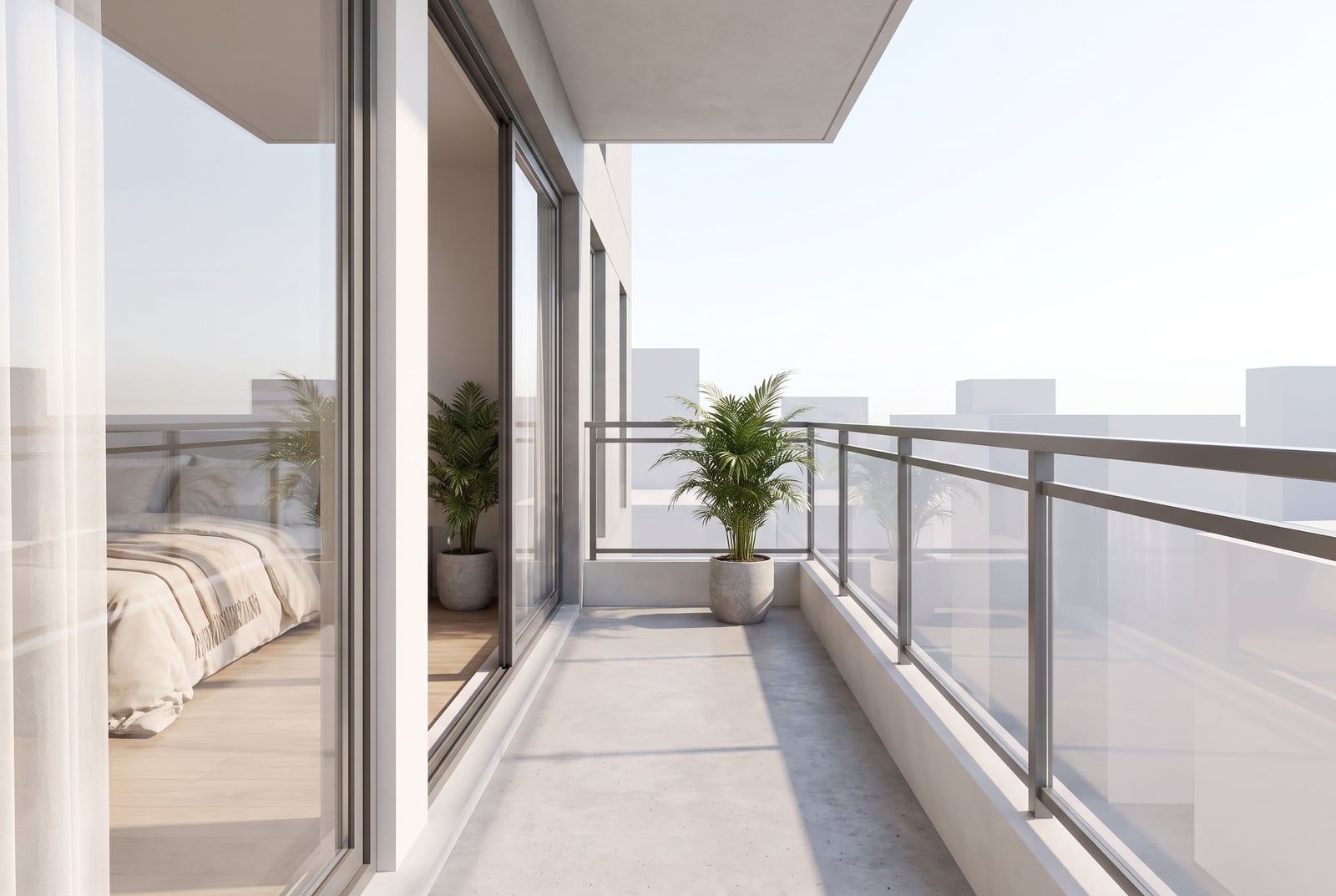 Modern balcony with panoramic glazing in a residential complex in Bečići, Montenegro, with a view of the city and the bedroom.
