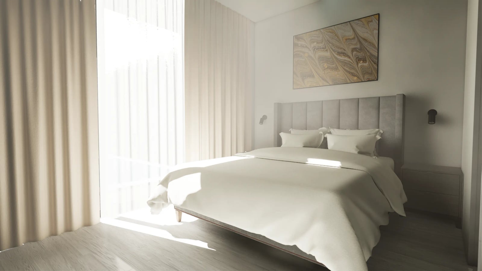 Bright bedroom in a townhouse, Rezevici, Montenegro: modern bed with an upholstered headboard and a panoramic window.
