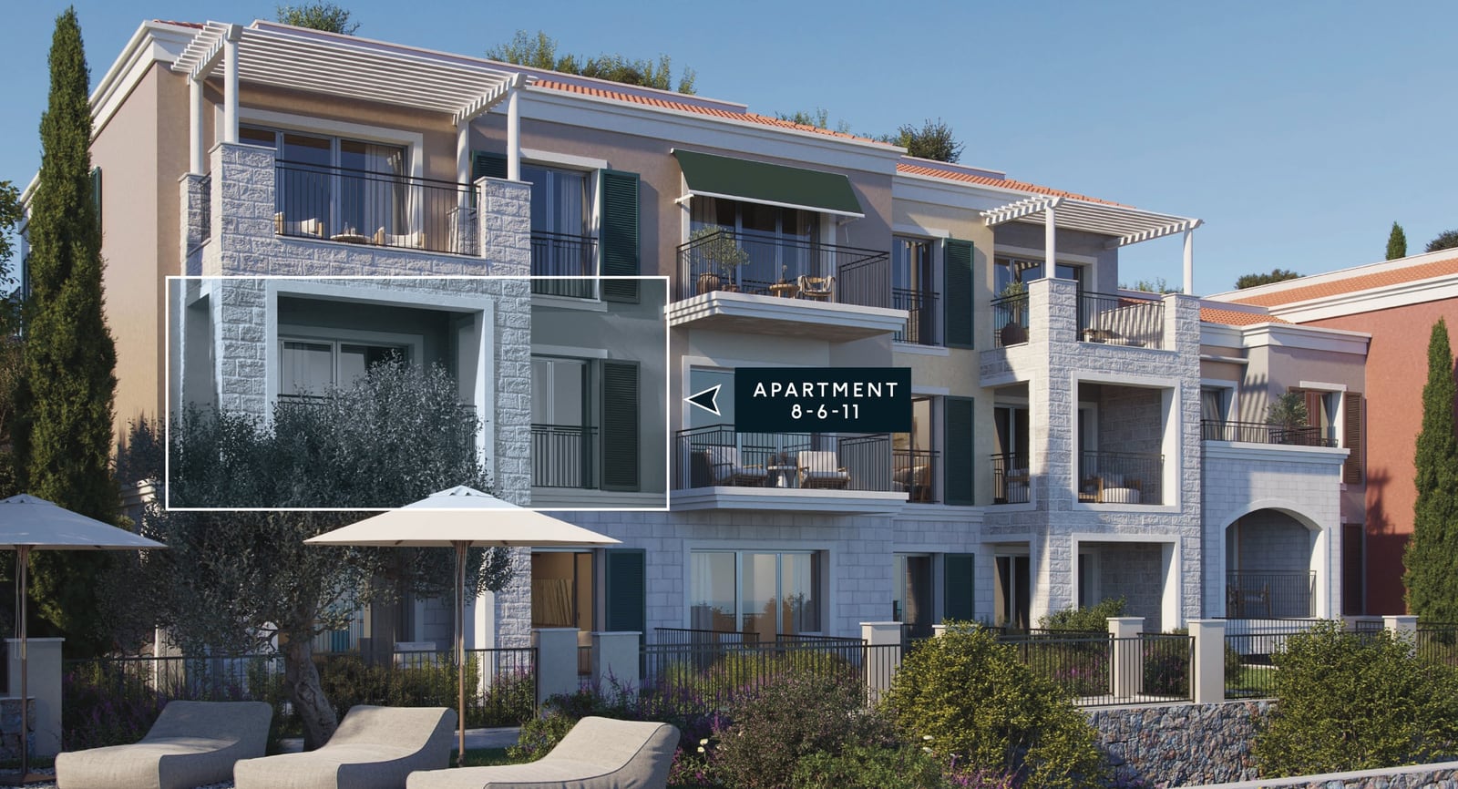 Modern apartment in the Luštica residential complex, Montenegro: building facade with balconies and a view of the poolside recreation area.