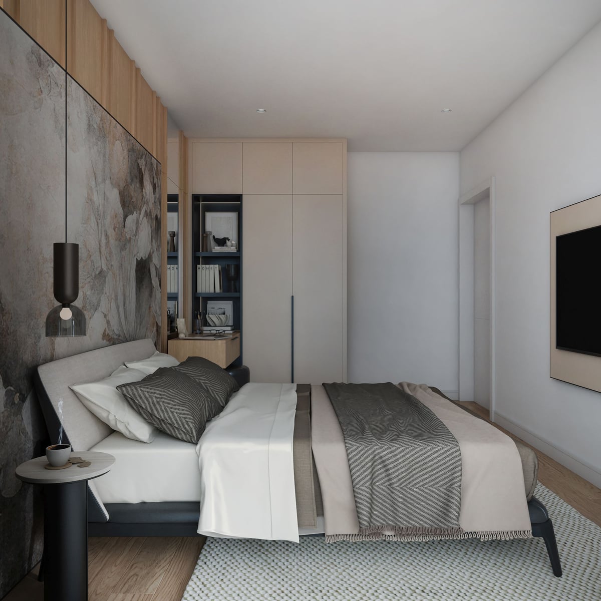 Modern bedroom in Bar, Montenegro: double bed, built-in wardrobe, designer decor, and TV area.