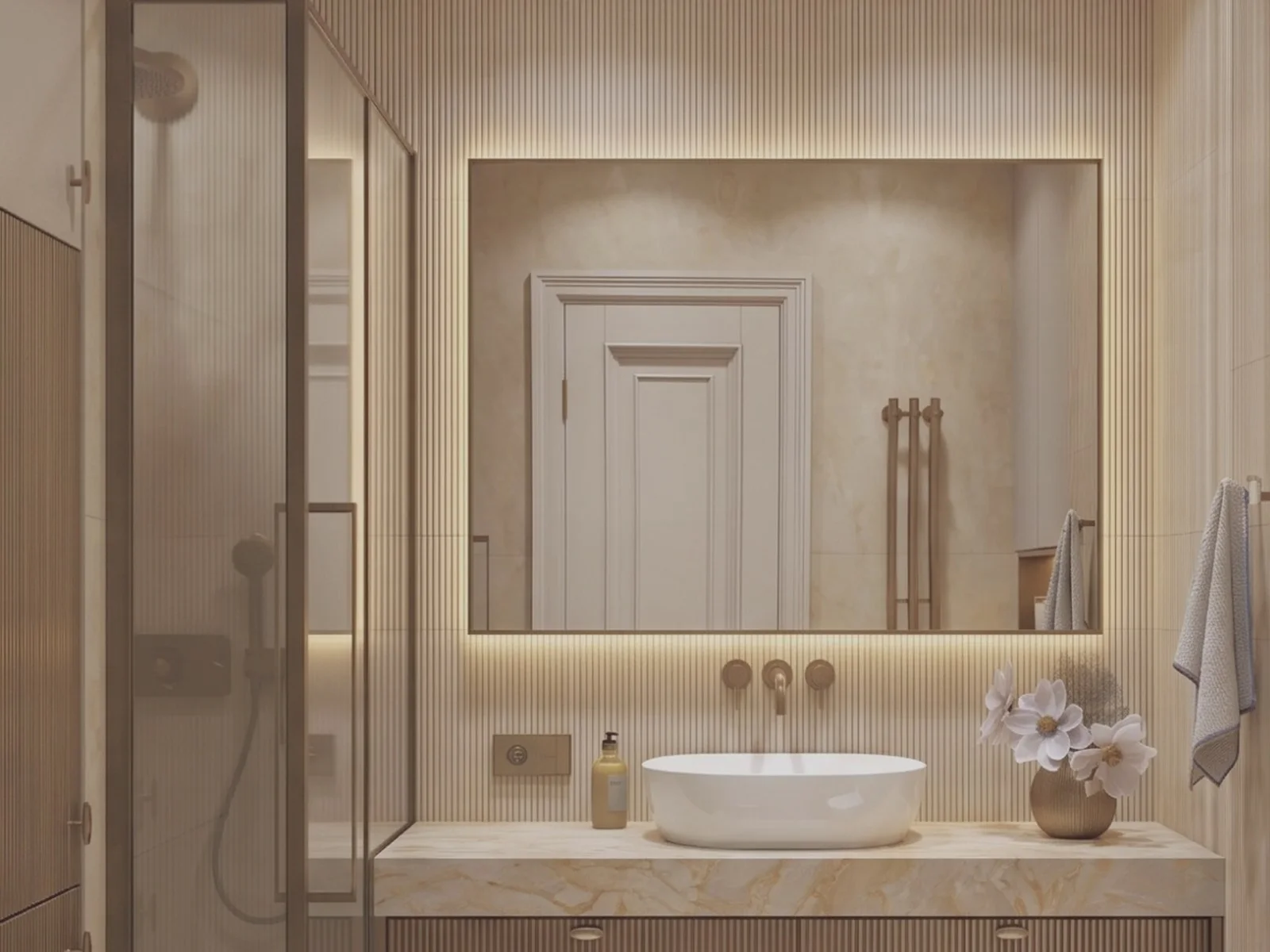Modern bathroom featuring a white vessel sink on a marble counter, backlit mirror, and glass shower enclosure.