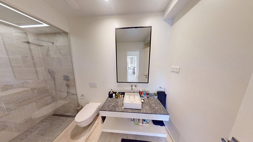 Modern bathroom in an apartment, Luštica, Montenegro: shower cabin, stone countertop, and wall-hung toilet.