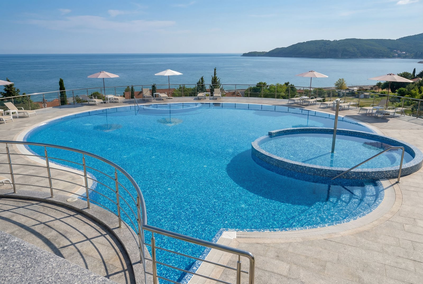 Outdoor pool with panoramic sea views in a residential complex, Becici, Montenegro: sun loungers and lounge area.