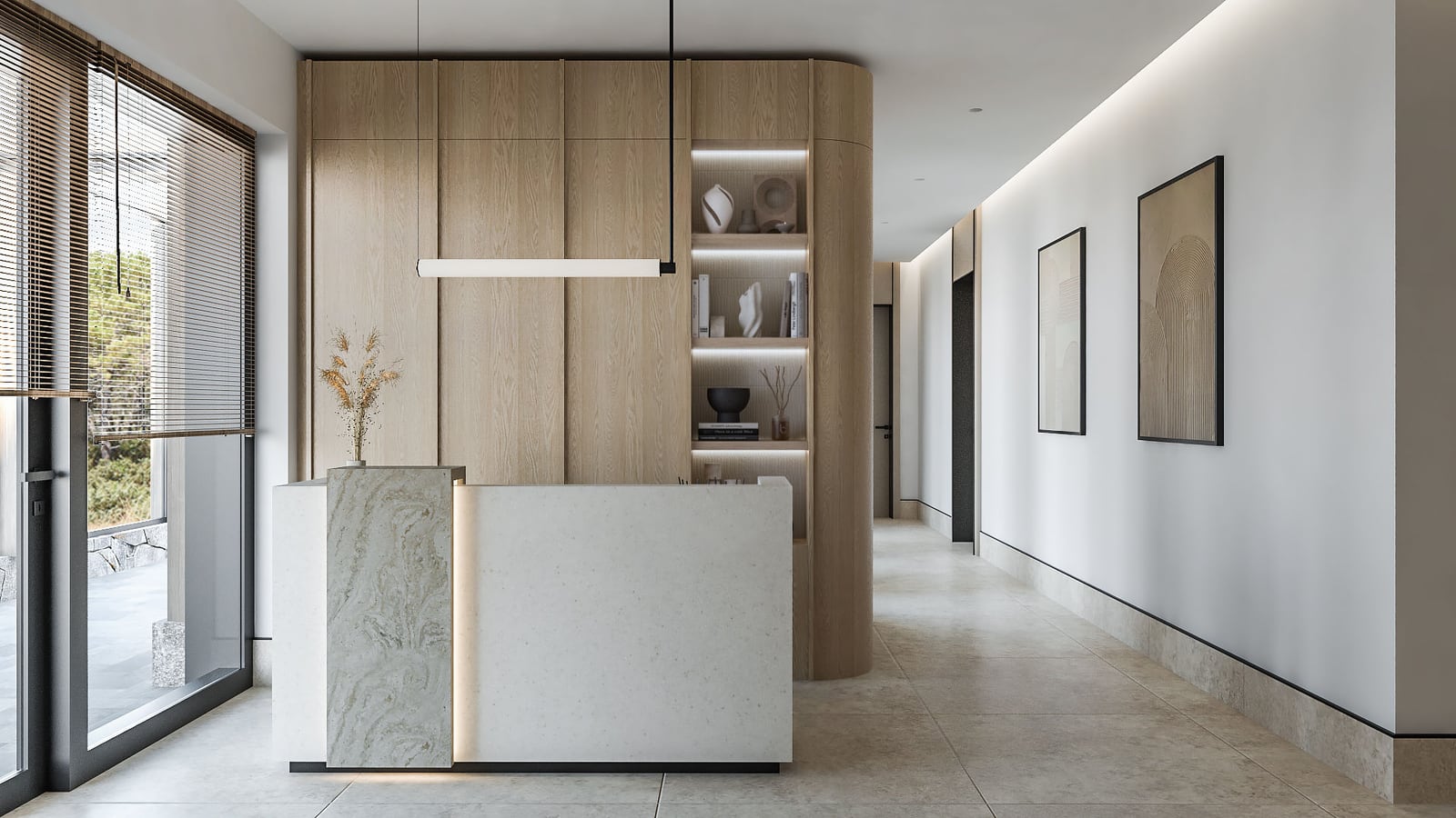 Modern lobby with a marble reception desk, wood wall paneling, and hallway.