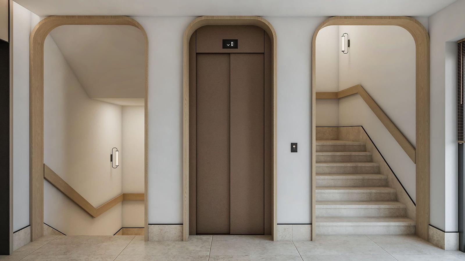 Elevator and staircases in a minimalist hallway featuring wooden arched doorways and light walls.
