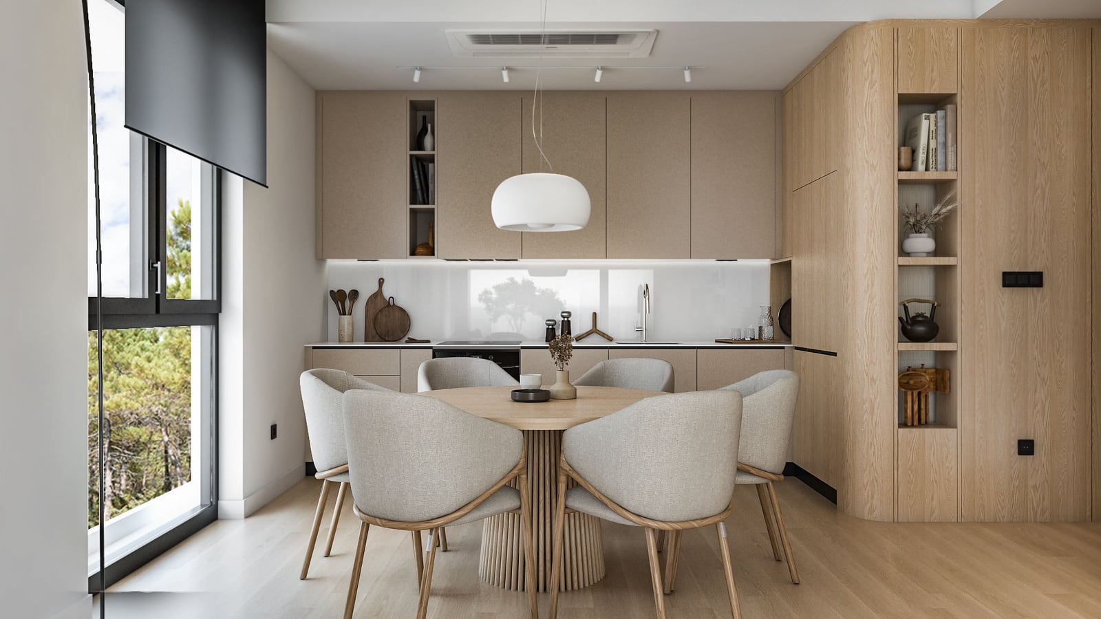 Modern kitchen with a wooden dining table, six chairs, light cabinets, and a large window.
