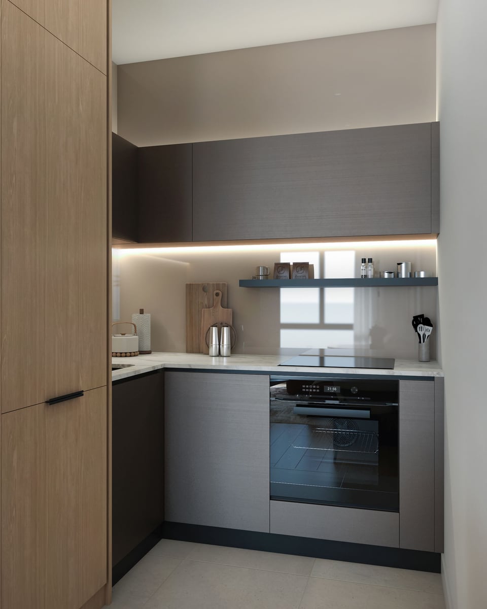Modern kitchen in Bar, Montenegro: built-in appliances, wood-effect fronts, and a gray matte kitchen set with lighting.