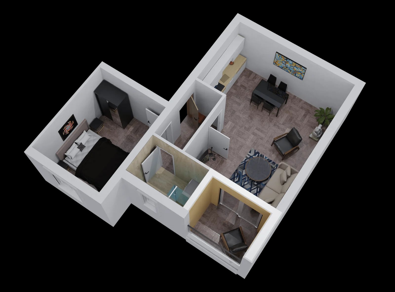 3D floor plan of an apartment in the Bar residential complex, Montenegro: bedroom, living room with kitchen, bathroom, and balcony with modern furniture.