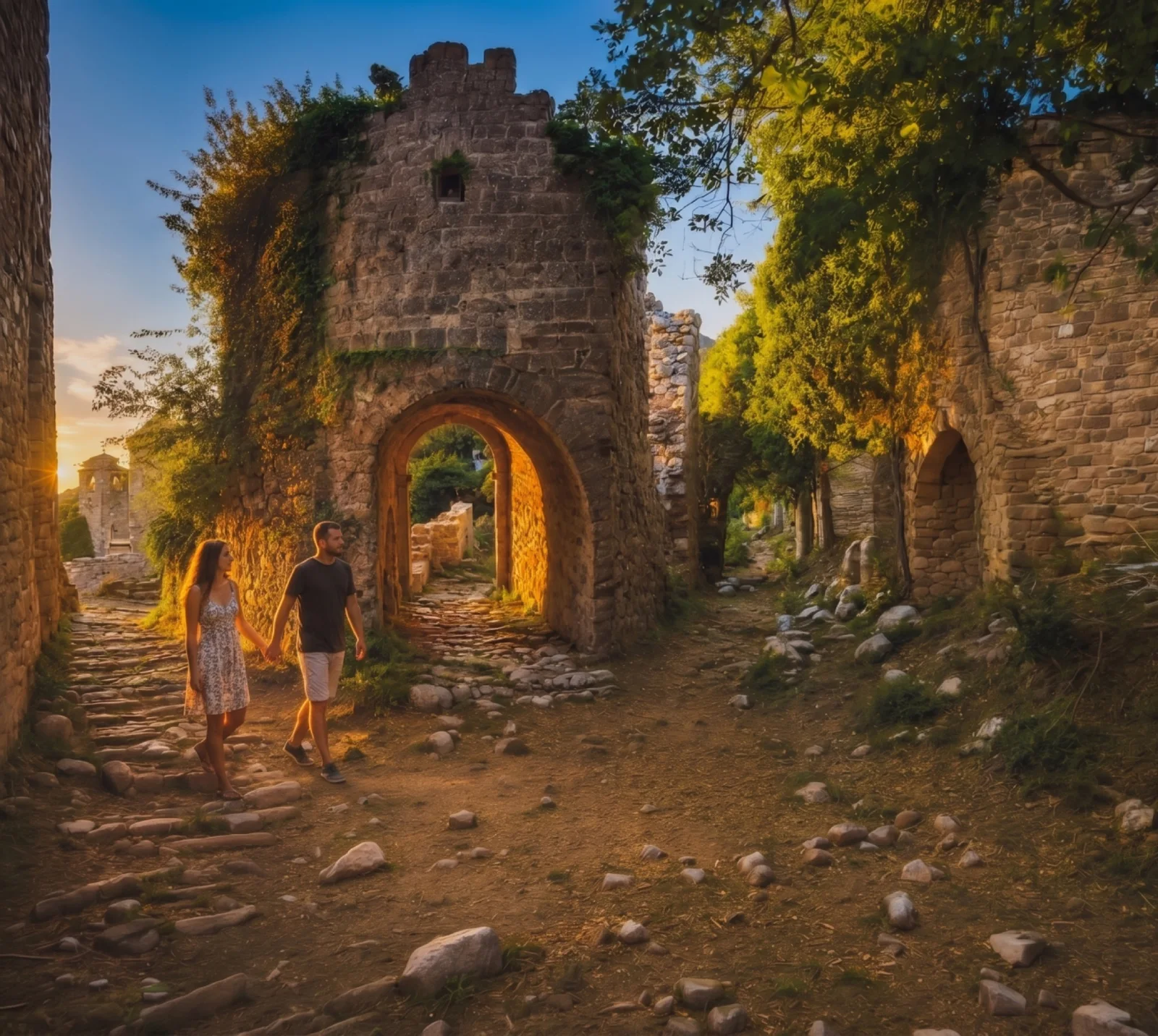 A couple walks along a rocky path through ancient stone ruins with an arched gateway at sunset.