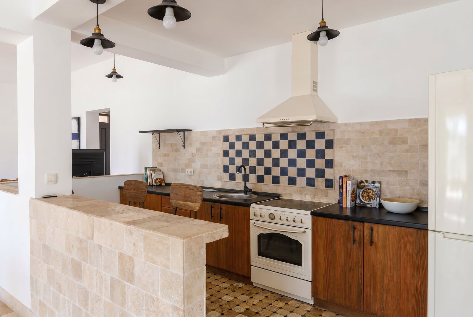 Modern kitchen in a penthouse in Risan, Montenegro: wooden facades, stone finishes, and a bar counter.