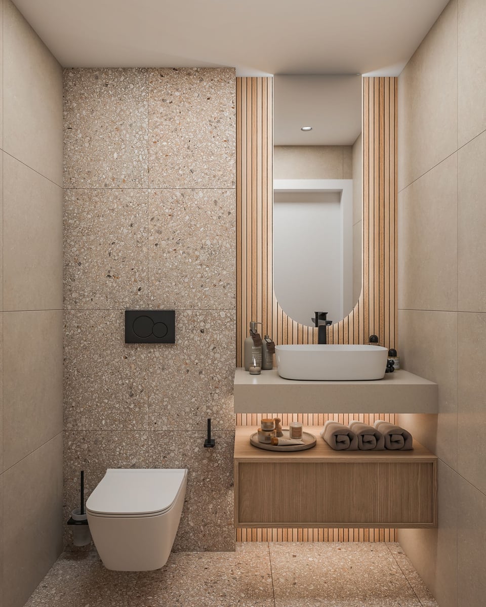 Modern bathroom in ЖК Бар, Montenegro: terrazzo finish, wooden slats, wall-mounted fixtures, and lighting.