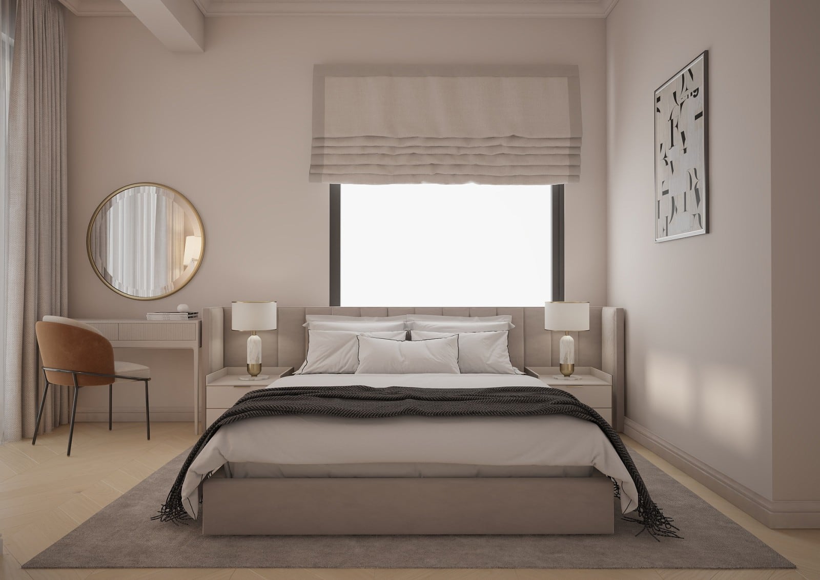 Modern bedroom featuring a double bed, round mirror, and writing desk in neutral tones with soft lighting.