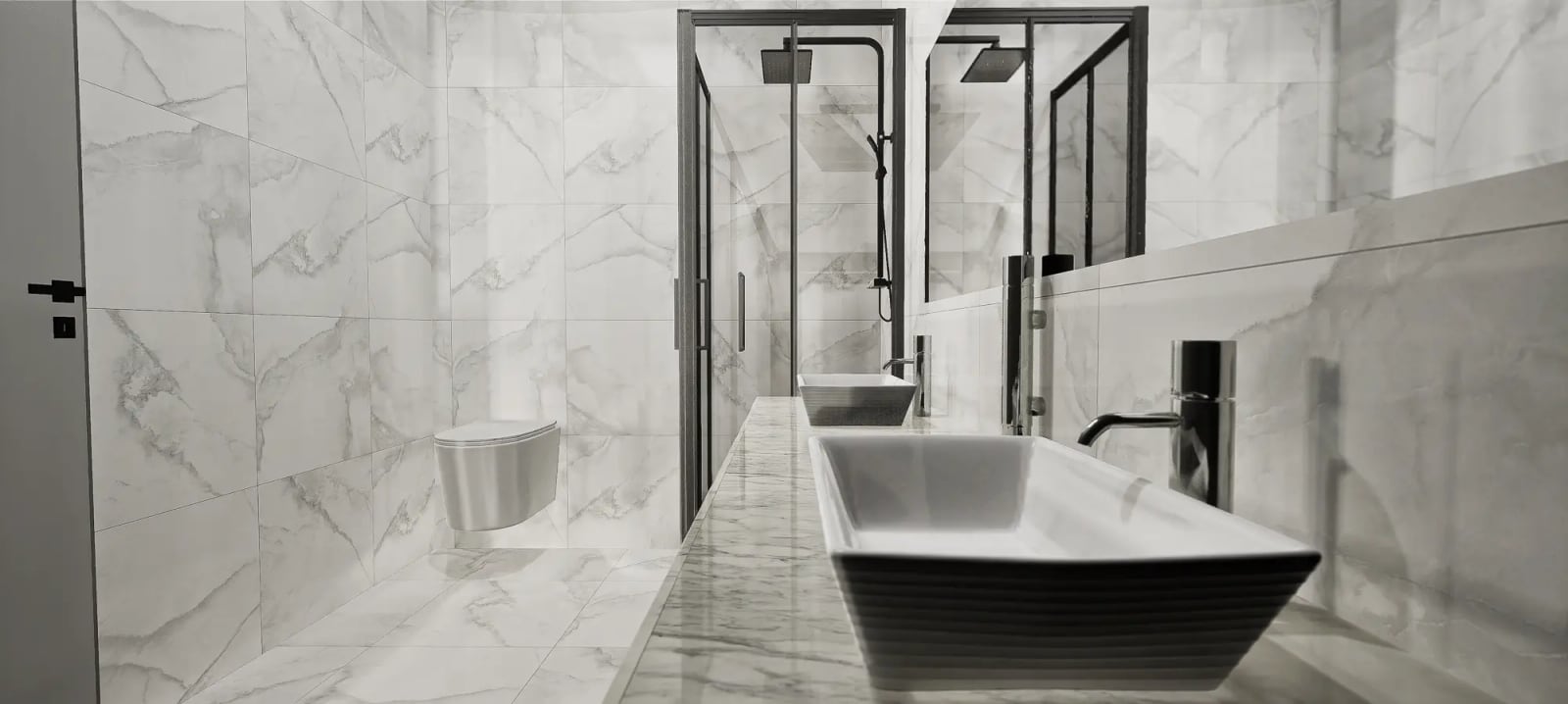 Modern bathroom in a townhouse, Rezevici, Montenegro: marble finishes, walk-in shower, and stylish sanitary ware.