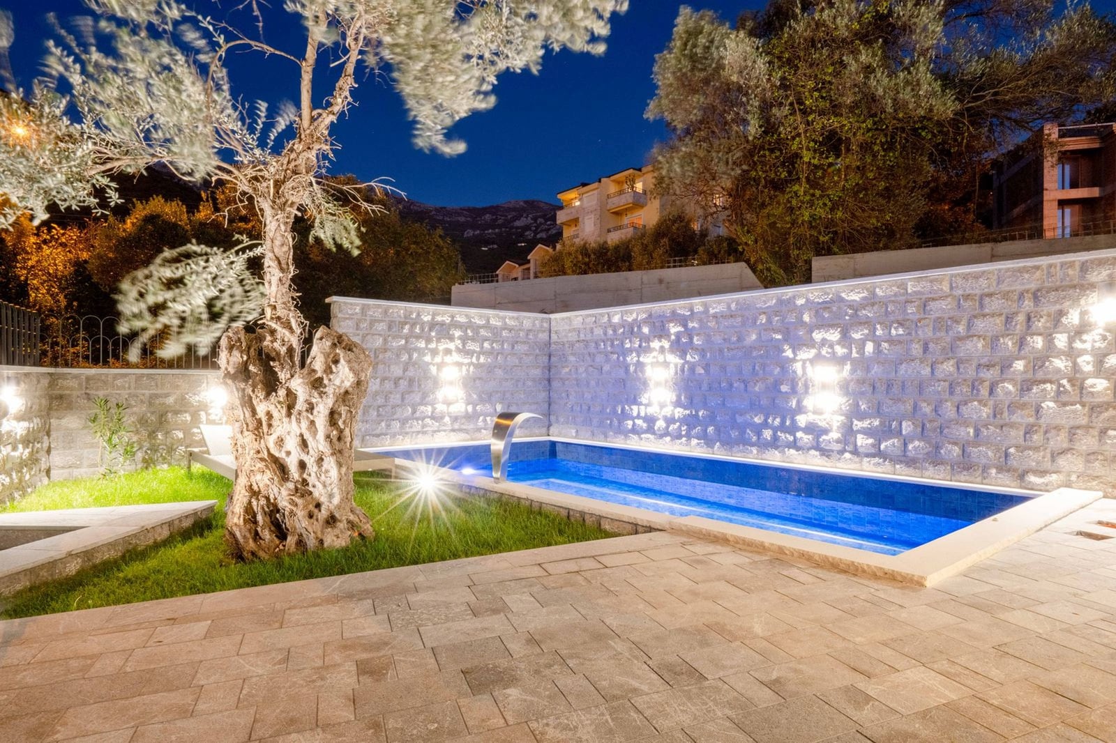 Private pool with lighting and stone finish at a villa in Kamenovo, Montenegro, with a lounge area and an olive tree.