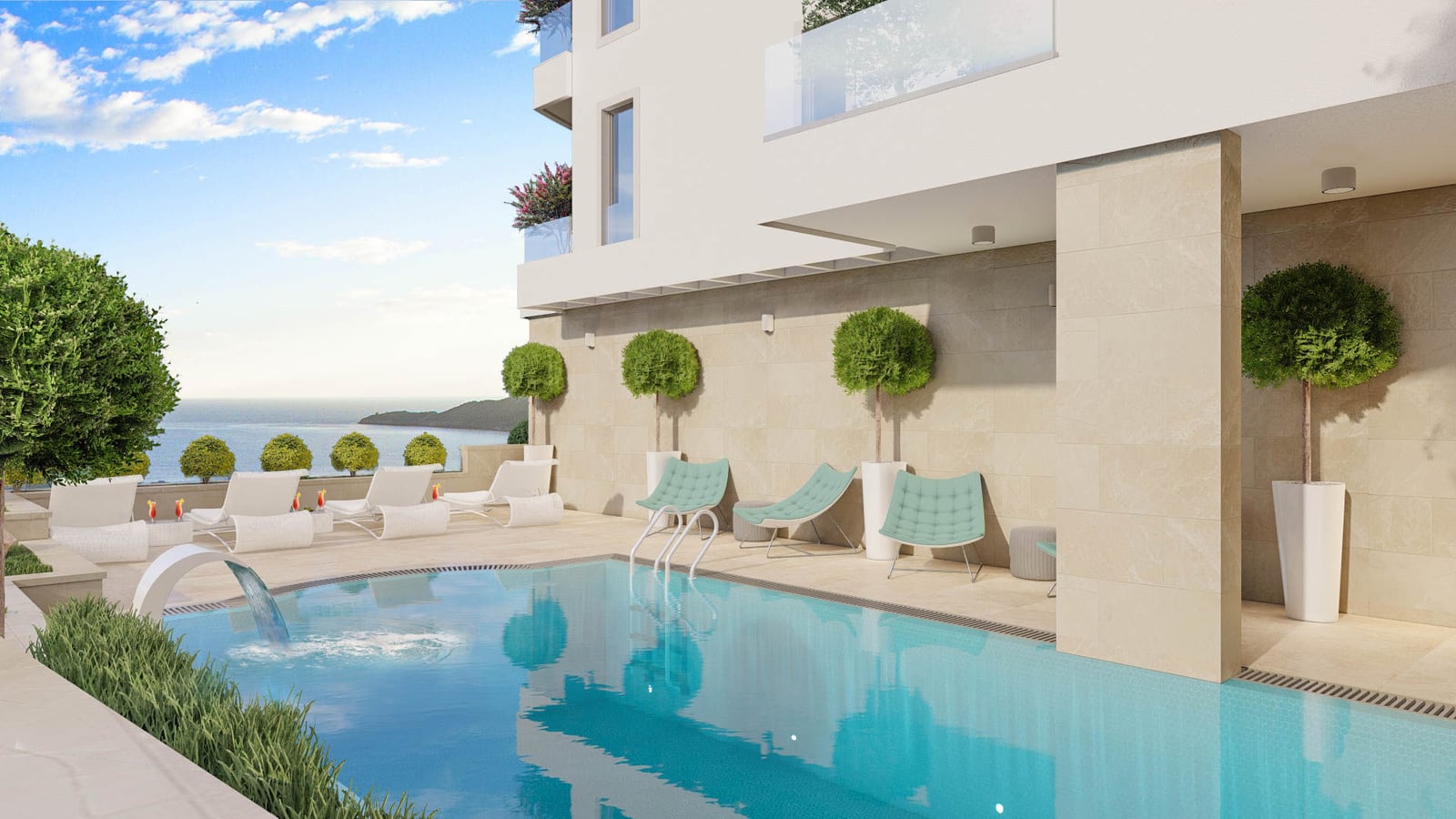 Modern pool with a water jet, white and turquoise loungers, set against the sea and building facade.