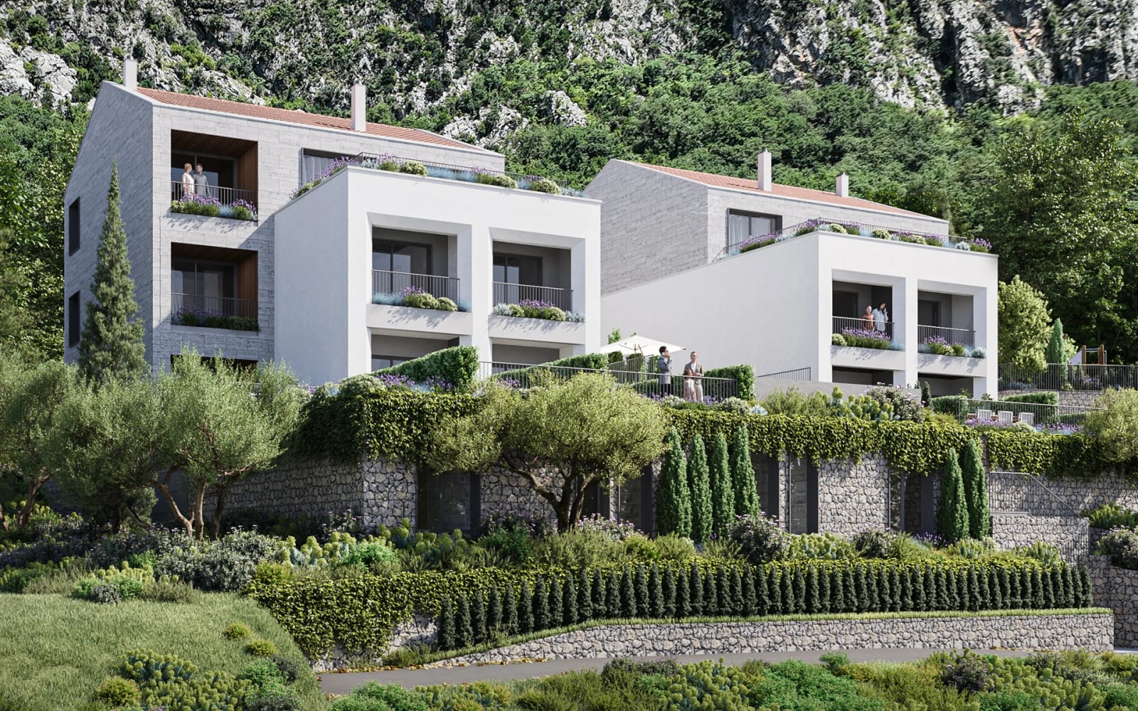Modern white villas with terraces and stone finishes in Orahovac, Montenegro