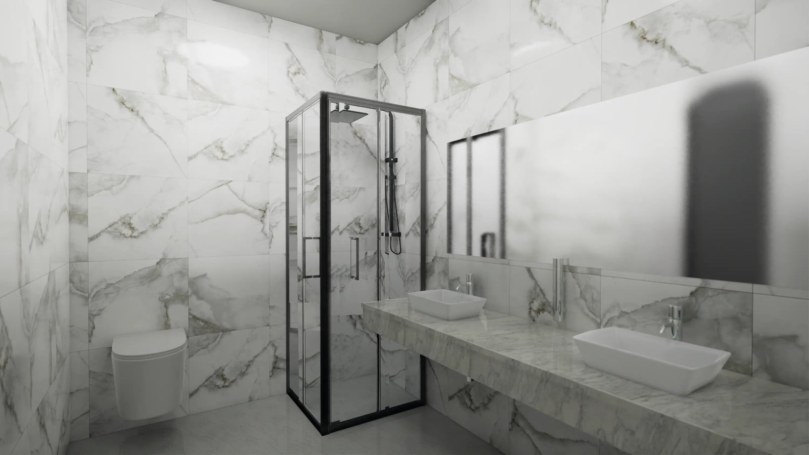 Modern bathroom in a townhouse, Rezevici, Montenegro: marble-style finishes, walk-in shower, and double vanity.