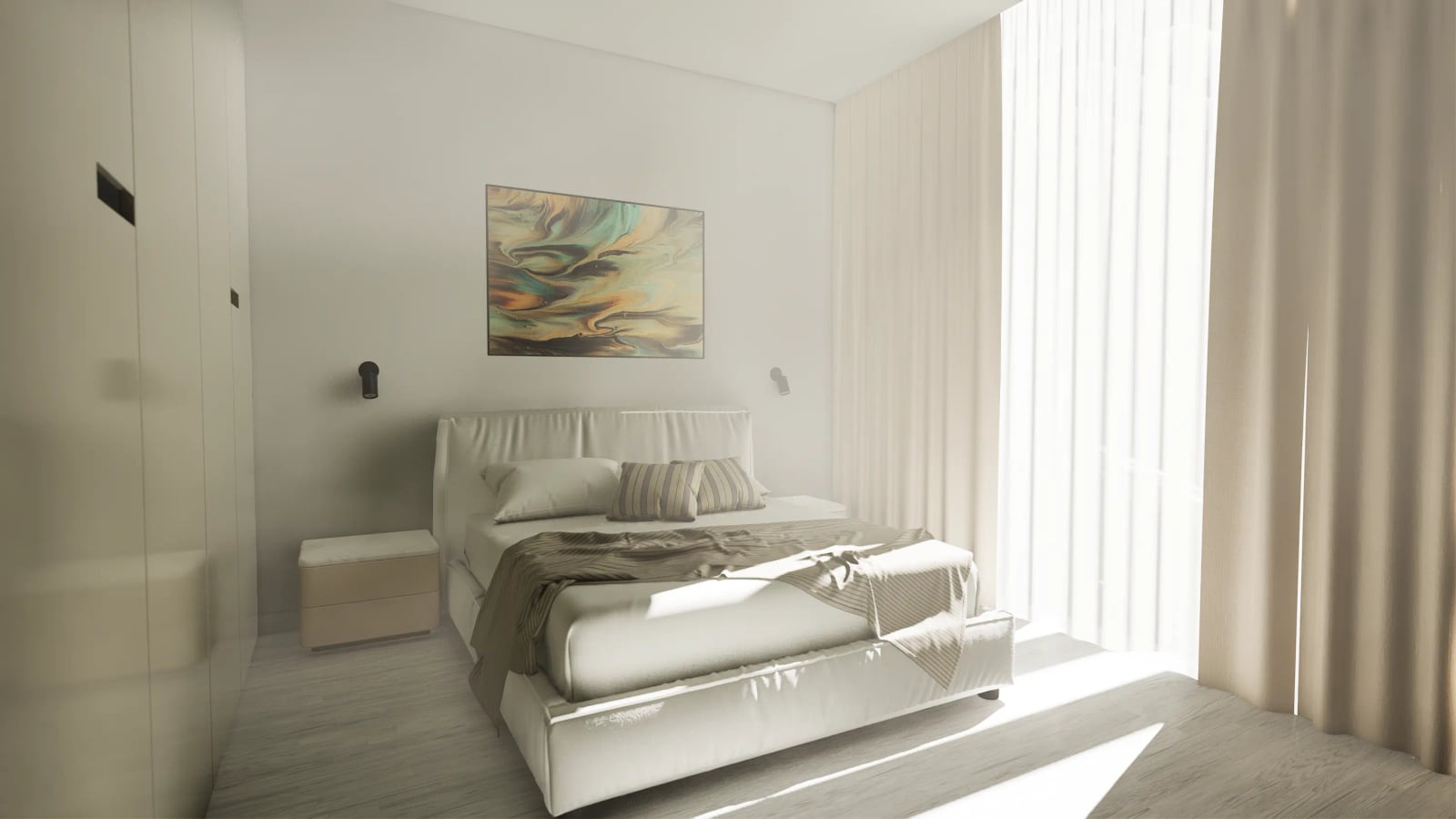 Modern bright bedroom in a townhouse, Reževići, Montenegro: double bed, built-in wardrobe, and panoramic windows.