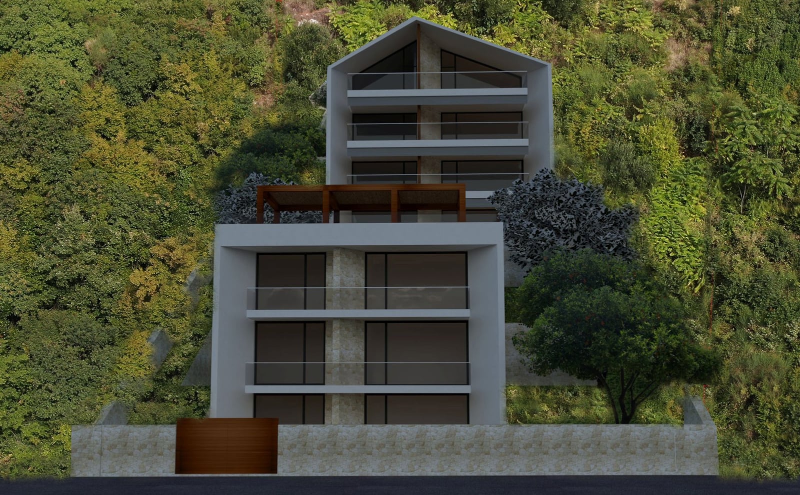 Modern residential complex in Budva, Montenegro: building design with panoramic balconies against a backdrop of a green hillside.