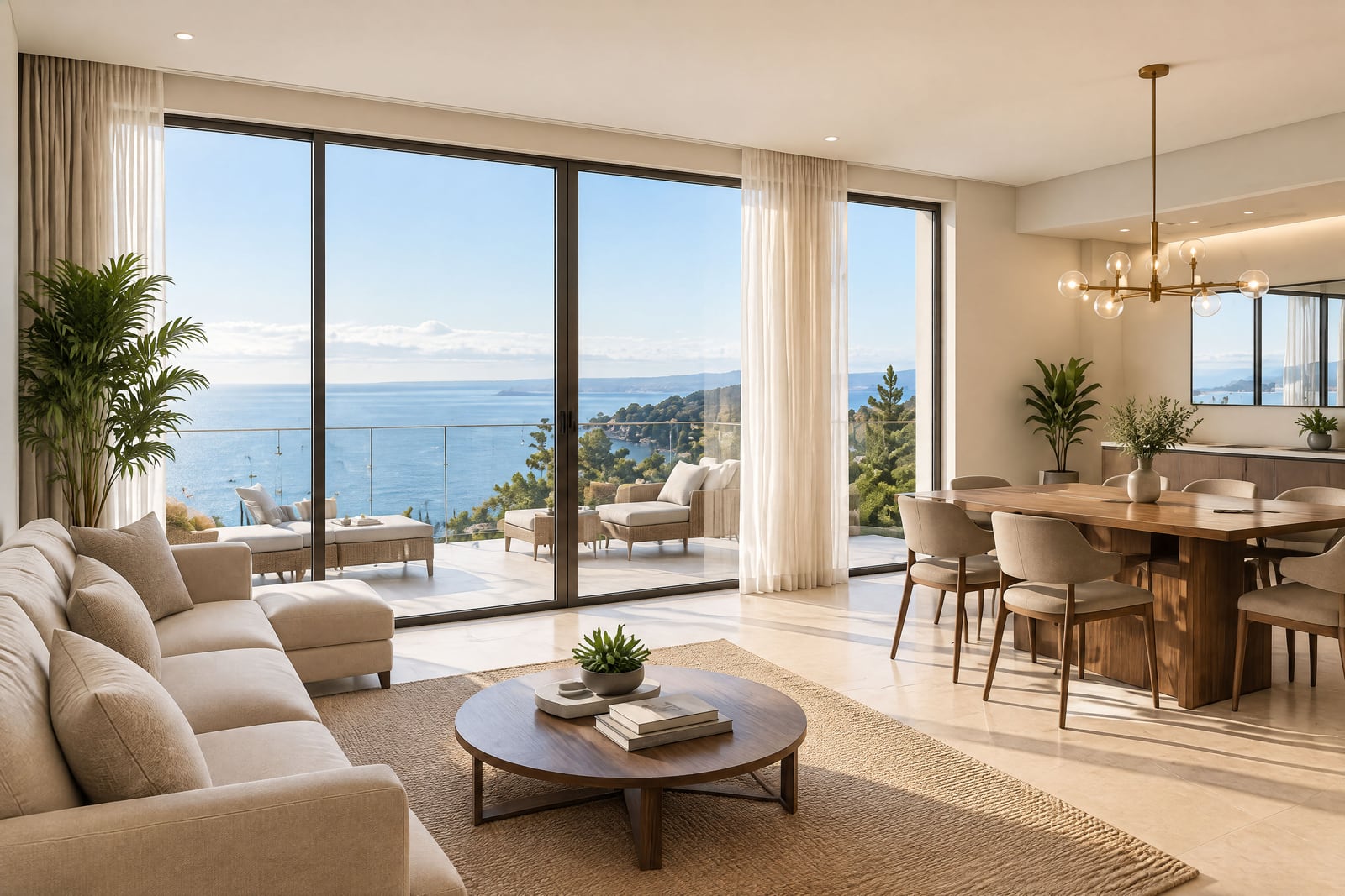 Bright living room with a beige sofa and coffee table, ocean view through floor-to-ceiling windows, dining area adjacent.