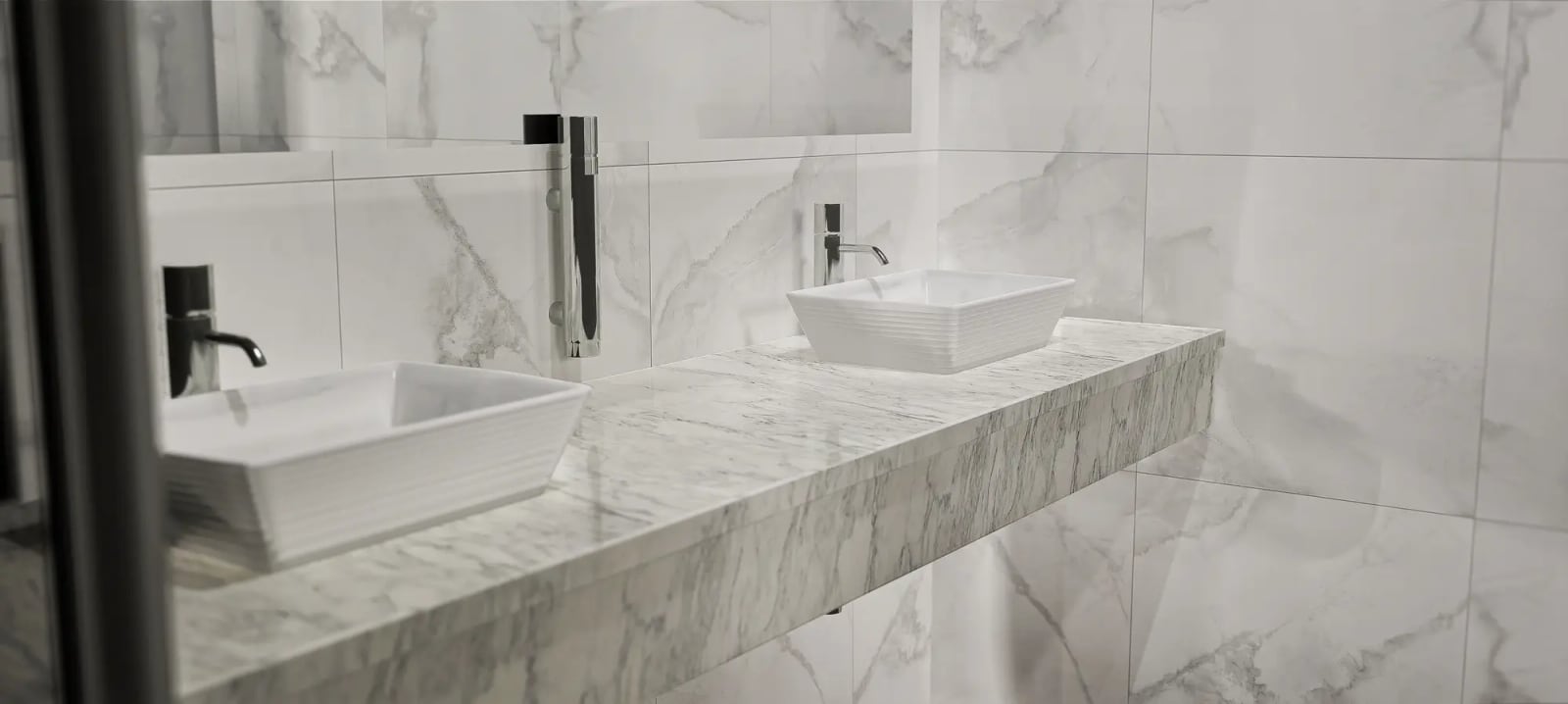 Modern bathroom with a double vanity and marble-style finishes in a townhouse, Reževići, Montenegro.