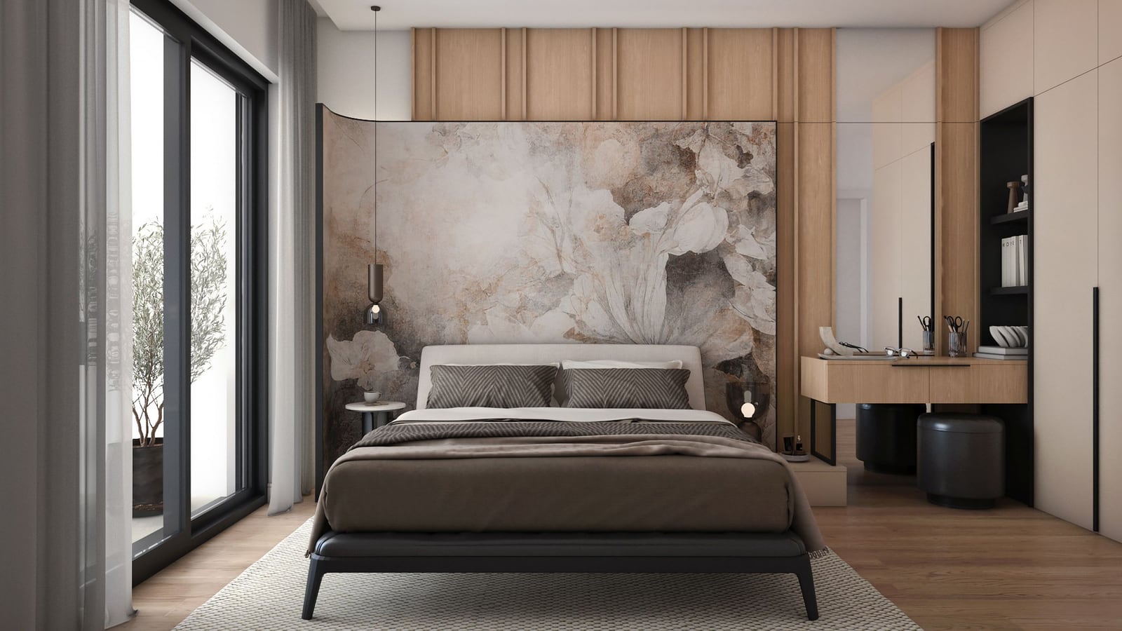 Modern bedroom with designer finishes in Bar, Montenegro: double bed, vanity table, and panoramic windows.