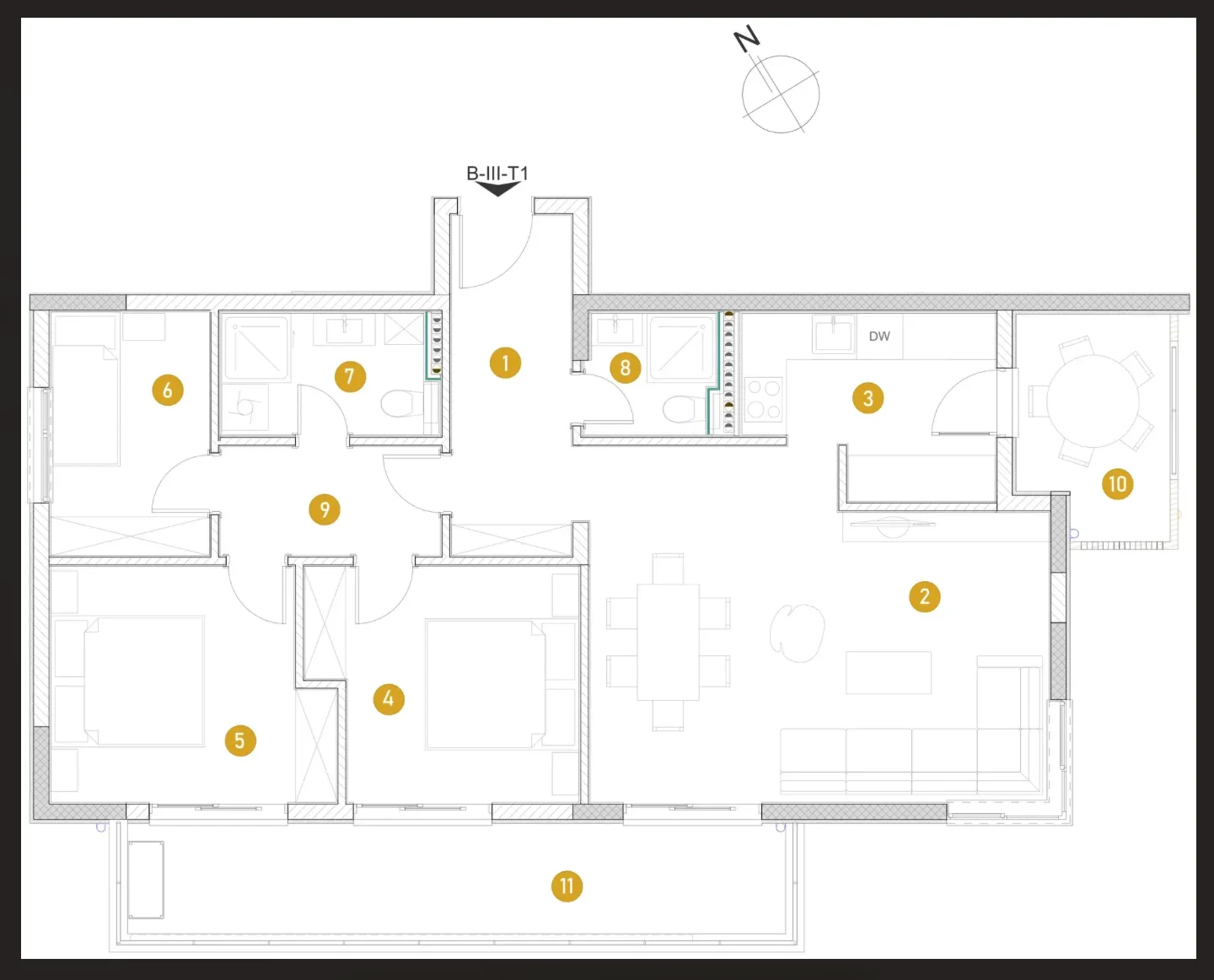 Architectural floor plan of an apartment showing furniture layout, zones, and numbered rooms.