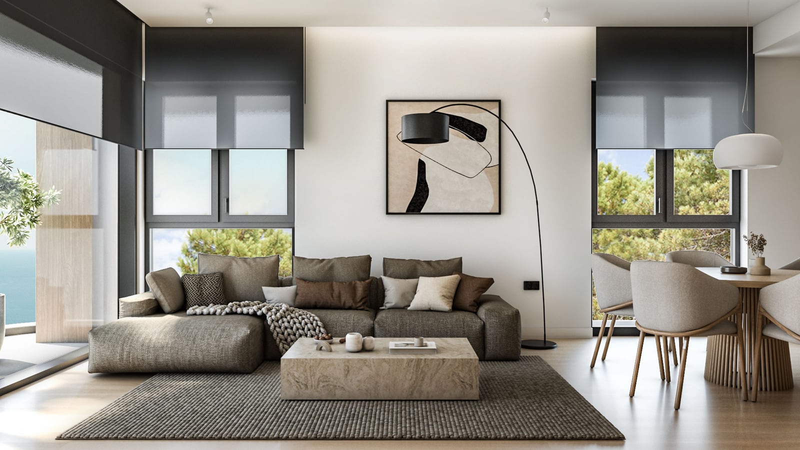 Modern living room featuring a grey sectional sofa, stone coffee table, and dining area near large windows.
