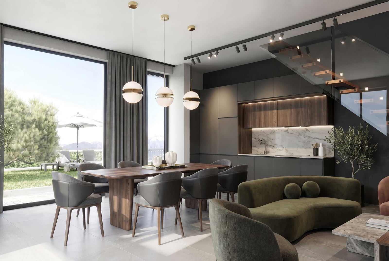 Modern living room with kitchen in a villa, Kumbor, Montenegro: panoramic windows, designer furniture, and a view of the terrace.